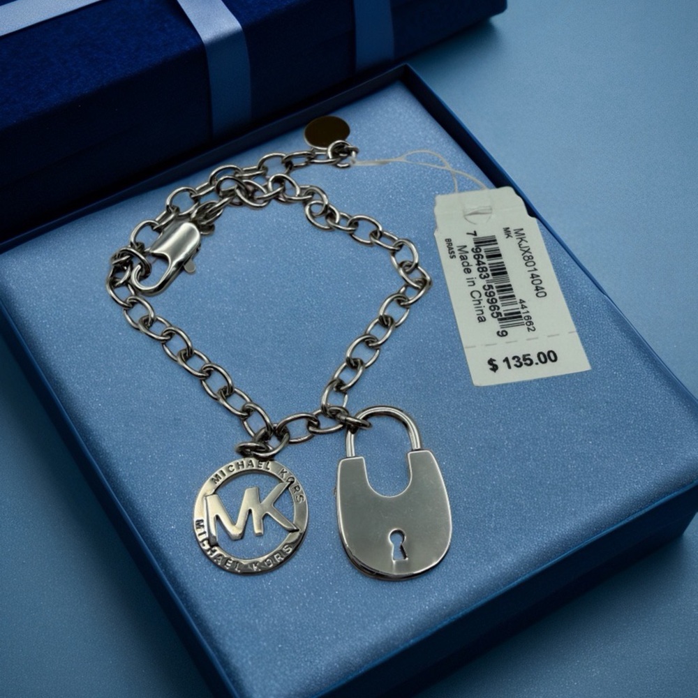NWT Michael Kors Silver Tone Chain Bracelet w/Lock & MK Logo Charms  In Gift Box